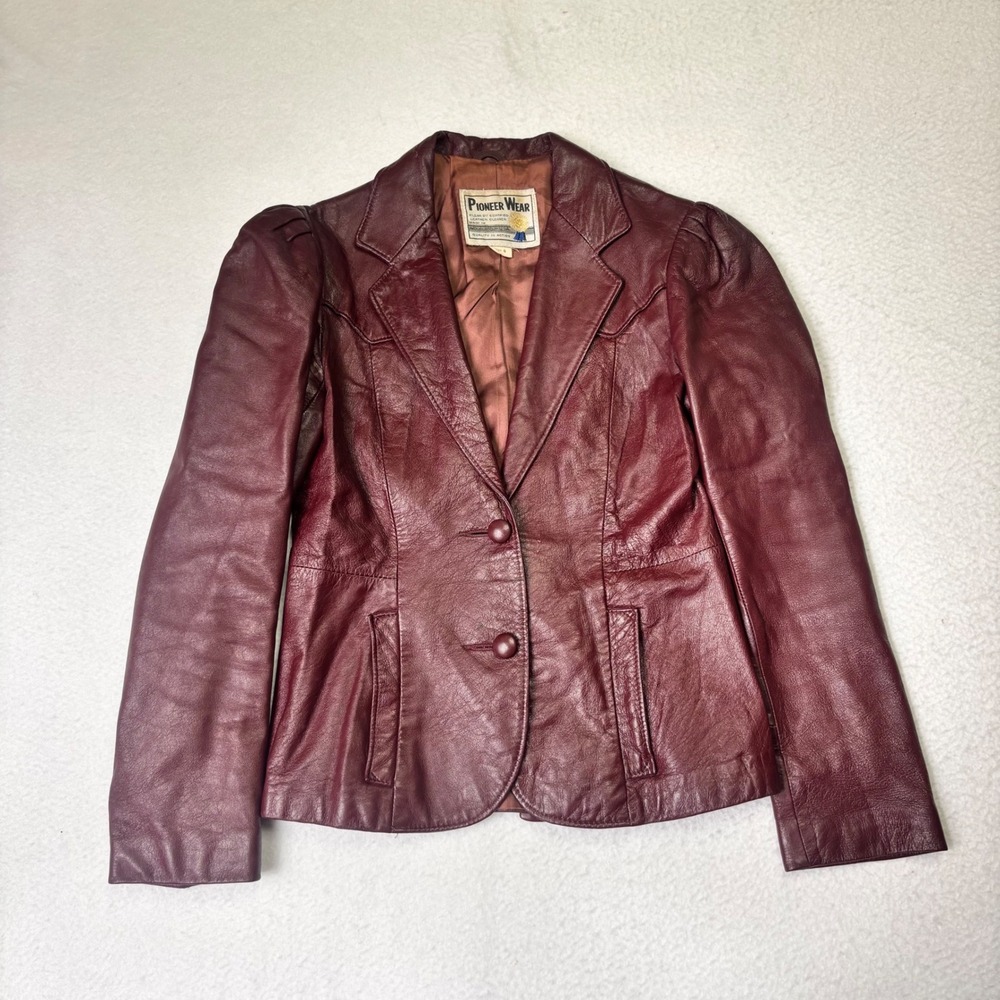 Vintage Pioneer Wear Leather Blazer Womens 6 Burgundy Made USA